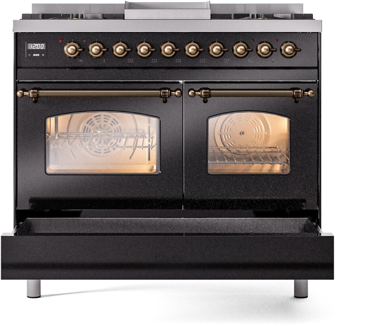Glossy black dual fuel range with bronze controls, double oven doors, and windowed glass