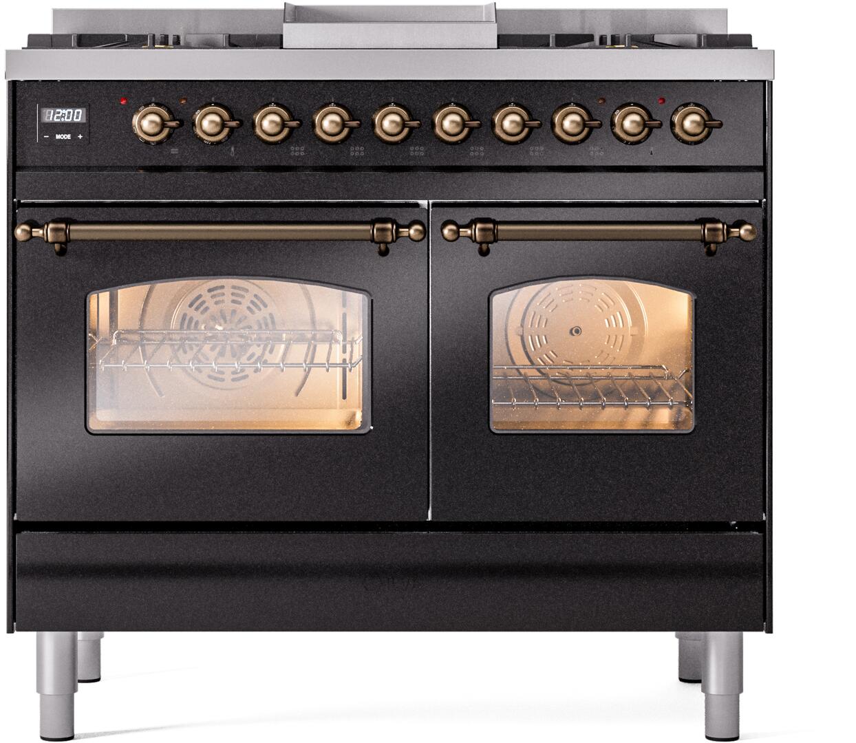 Glossy black freestanding dual fuel range with bronze handles, dual oven doors, and burner controls