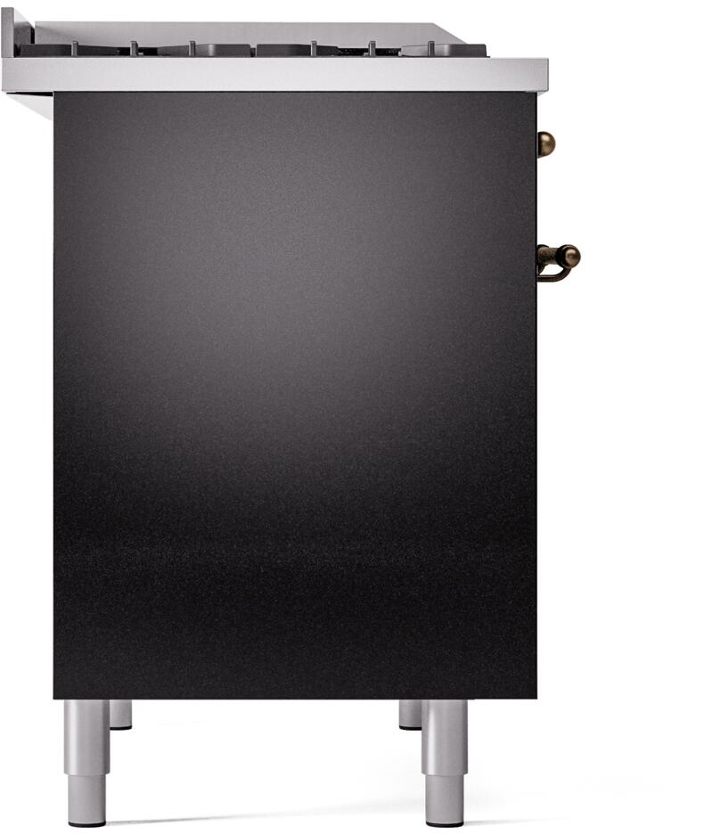 Glossy black freestanding range side panel with bronze trim accents and leveling feet