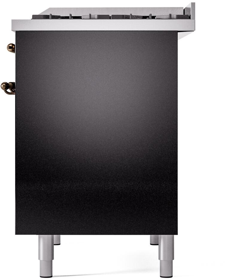 Glossy black freestanding range back side with bronze hardware and adjustable feet