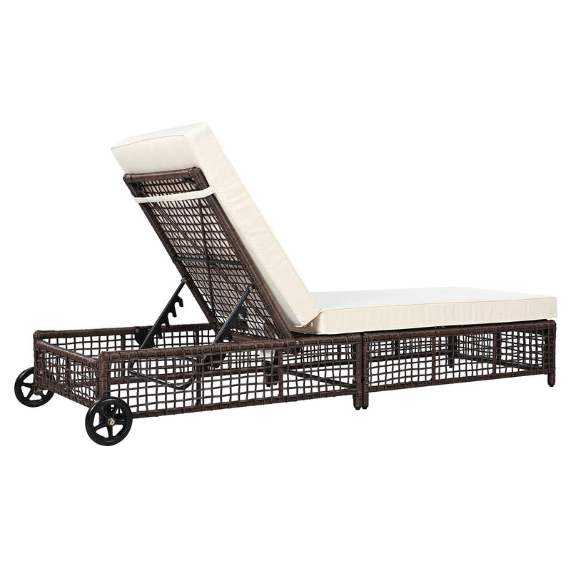 Parrot Uncle Outdoor Lounge Chair, Patio Chaise Lounge with 5-Position Backrest, Rattan Outdoor Lounge Chair with Cushion and Wheels for Poolside, Backyard, Garden