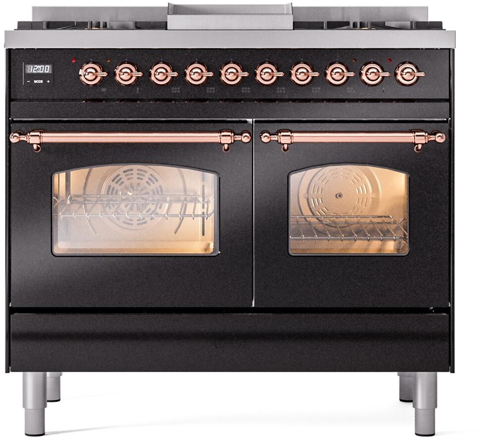 Freestanding dual-fuel range, glossy black with copper trim and control knobs.