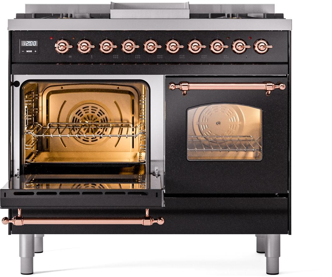 Dual-fuel freestanding range with left oven open and right oven door closed, copper trim accents