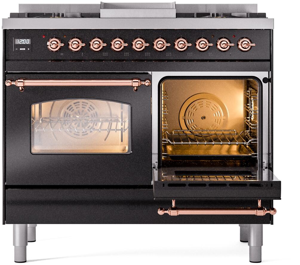 Freestanding dual-fuel range with right oven door open, glossy black and copper bar pulls.