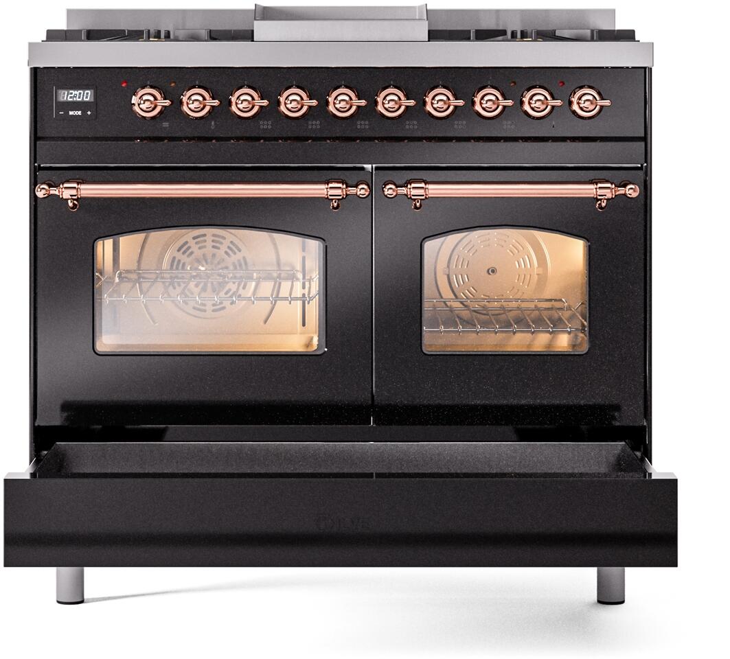 Freestanding dual-fuel range with two glass oven doors, glossy black and copper trim.