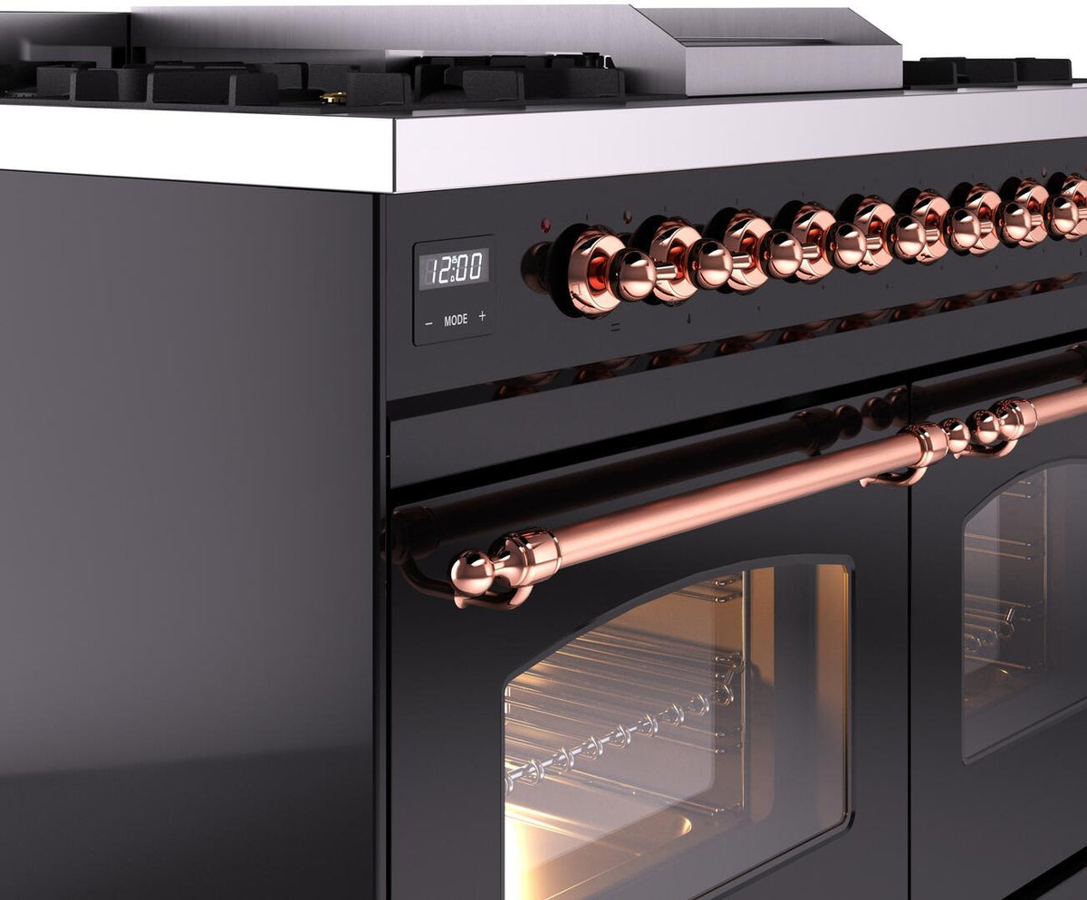 Freestanding dual-fuel range control panel with copper knobs and glossy black finish.
