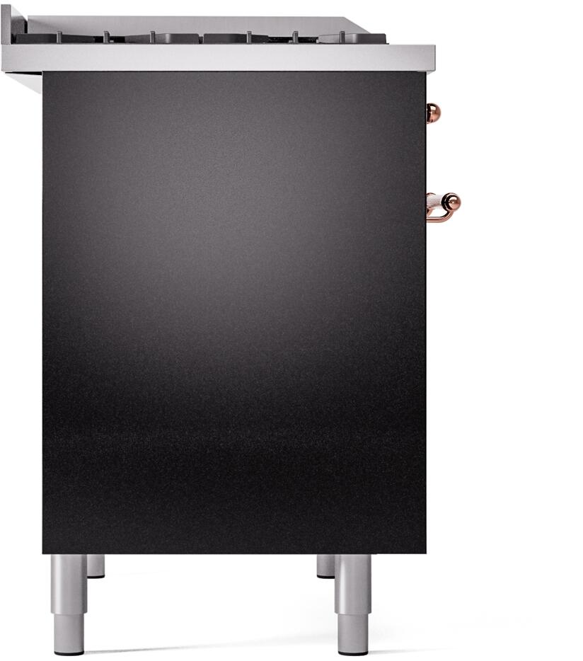 Freestanding range side panel in glossy black with copper knob accents and legs.