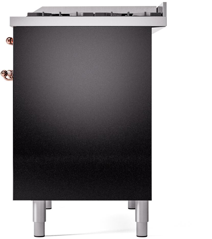 Freestanding range rear side panel in glossy black with copper knob and leveling legs.