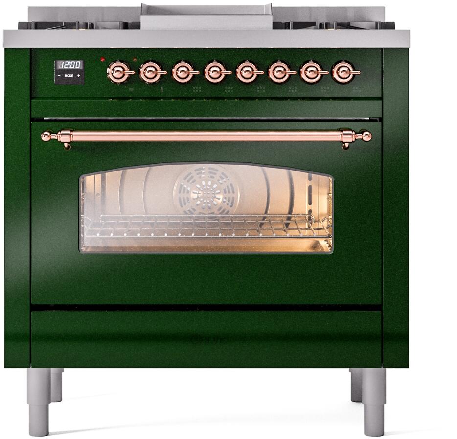 Emerald green dual fuel range front with open oven door, copper handle, control knobs