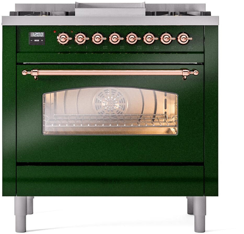 ILVE Nostalgie II 36-Inch Dual Fuel Freestanding Range in Emerald Green with Copper Trim (UP36FNMPEGP)