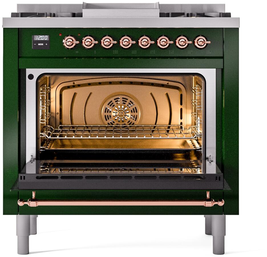 Emerald green oven with open glass door and copper-tone broiler shield inside