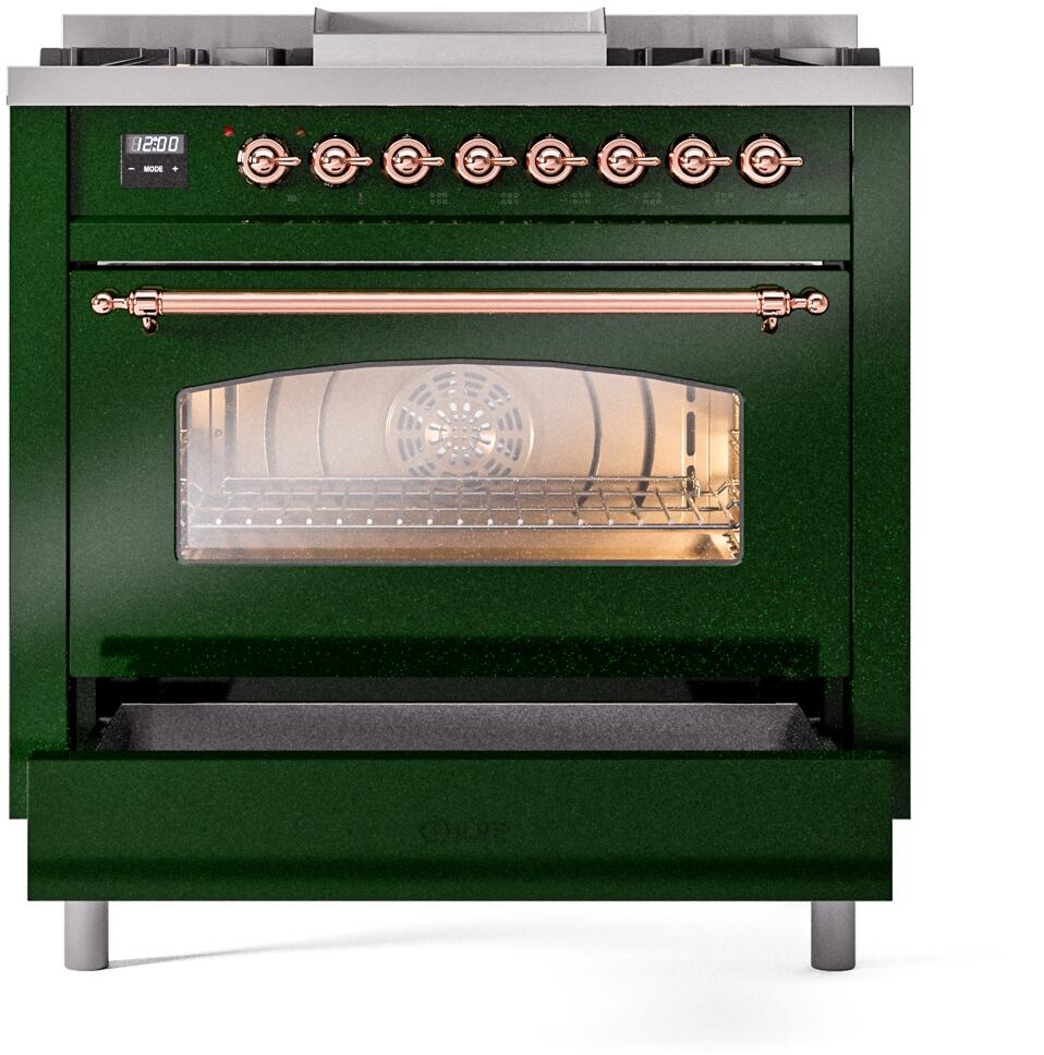 Emerald green dual fuel range front control panel with copper knobs and open oven glass