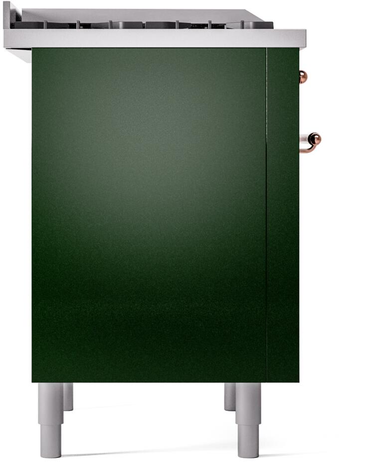 Rear side panel of emerald green freestanding dual fuel range with copper knob accents