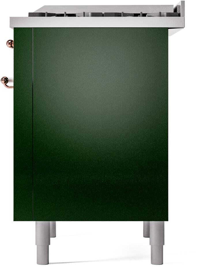 Emerald green freestanding range rear side view with copper details and gray feet