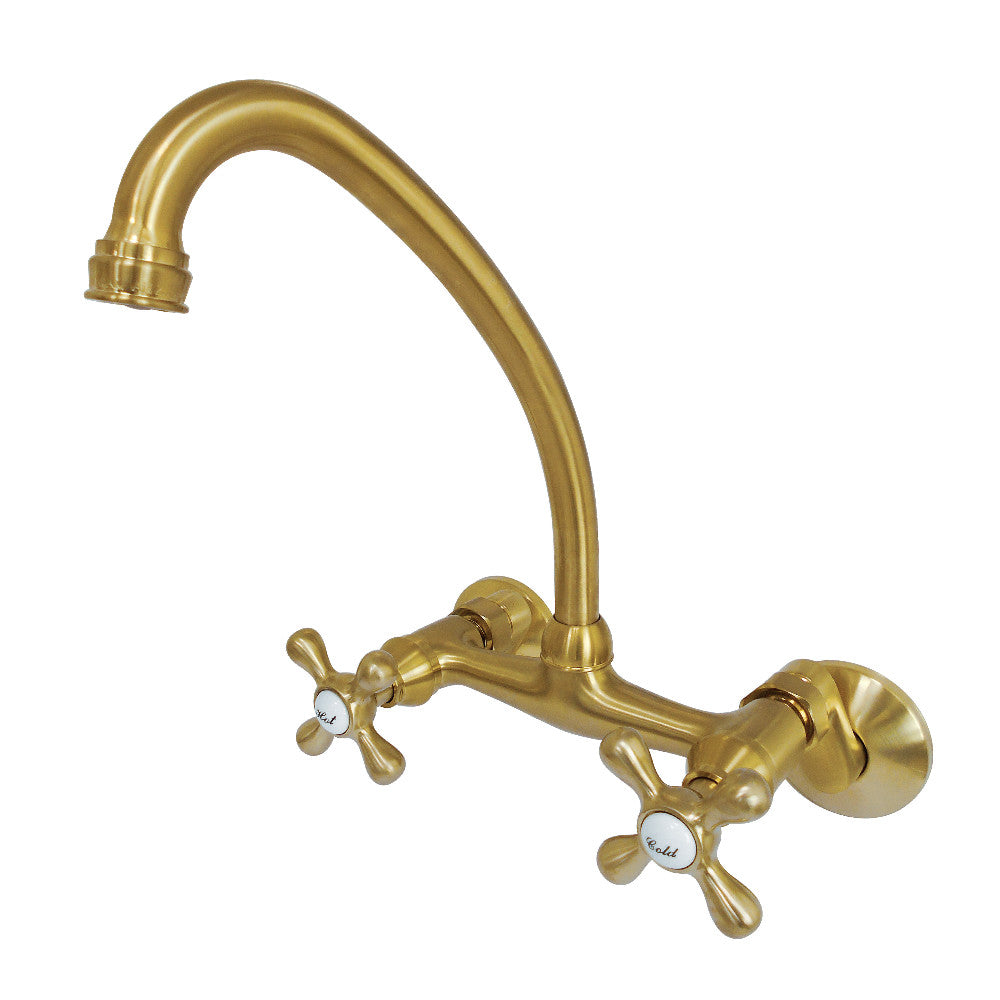Brushed brass bridge kitchen faucet with tall gooseneck spout and double cross handles