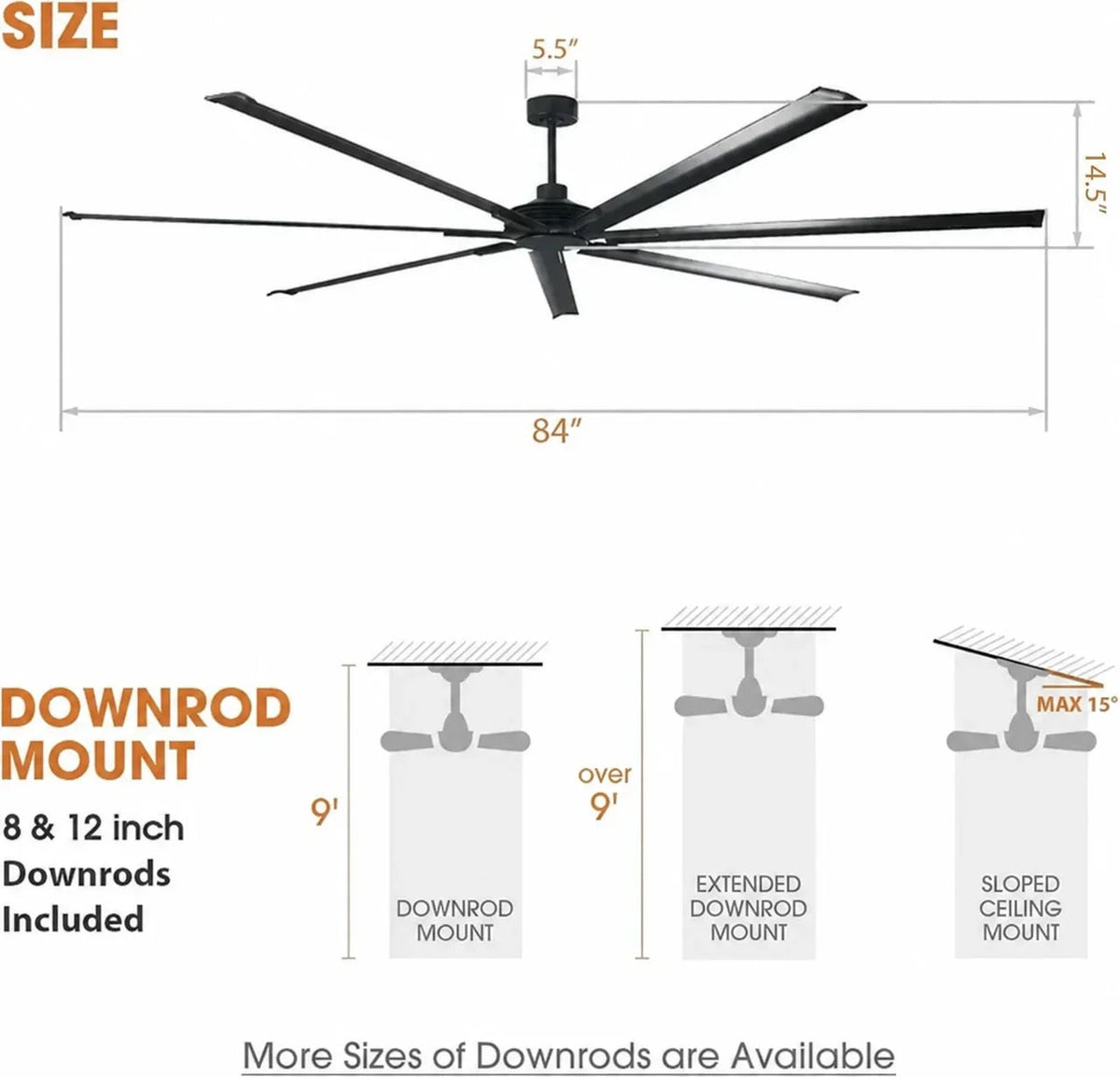 Parrot Uncle 84-Inch 100-Inch Silent Storm Extra Large Ceiling Fan with Remote Control