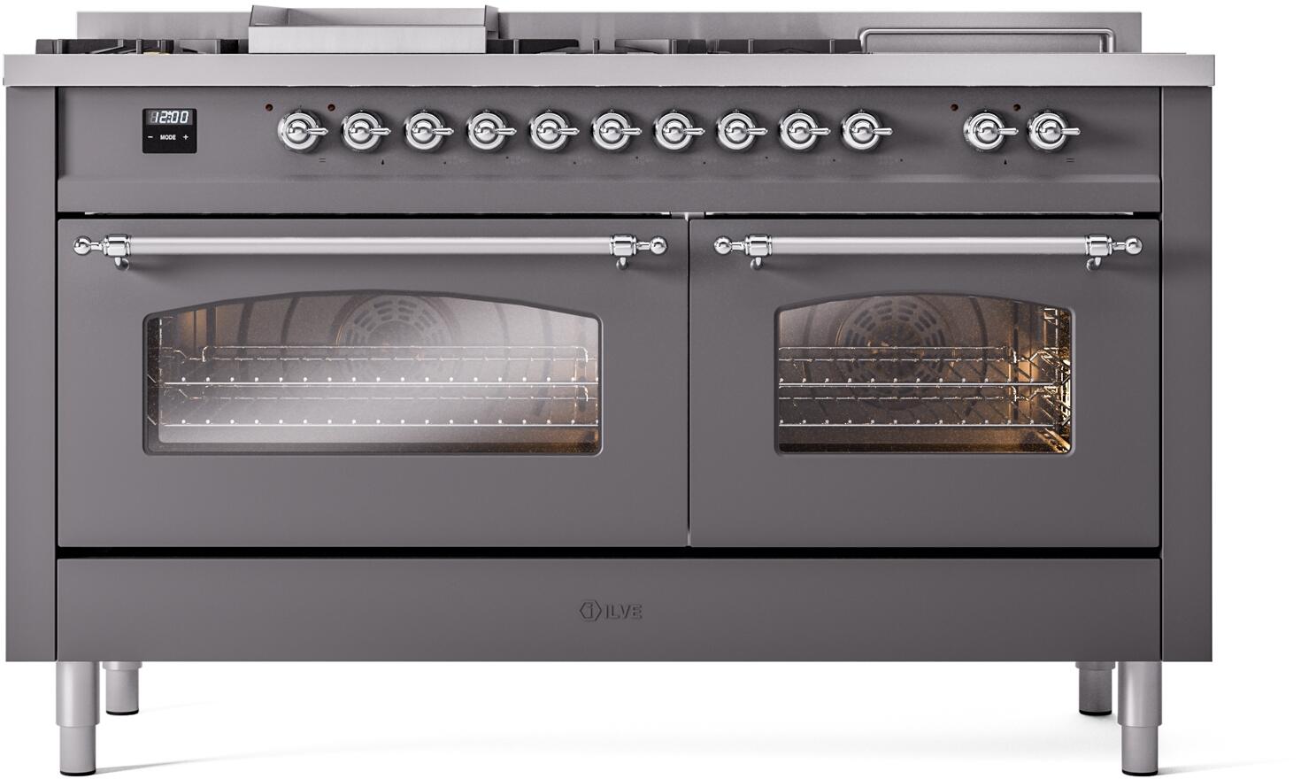 Matte graphite dual-fuel range front view with two oven doors and knob controls on top