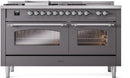 ILVE Nostalgie II 60-Inch Propane Gas Dual Fuel Range with 7 Burners, Griddle, & French Top with Triple Glass Door Oven in Matte Graphite with Chrome Trim (UP60FSNMPMGCLP)