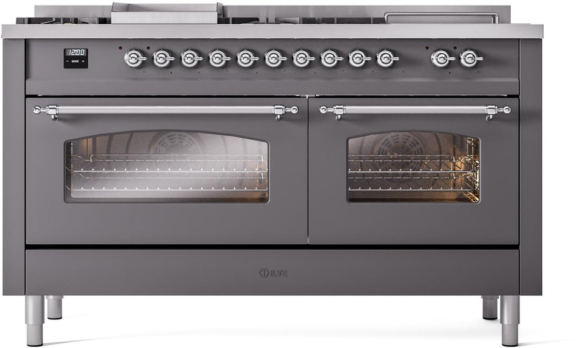 Matte graphite dual-fuel range with chrome knobs and two glass oven doors, griddle and burners