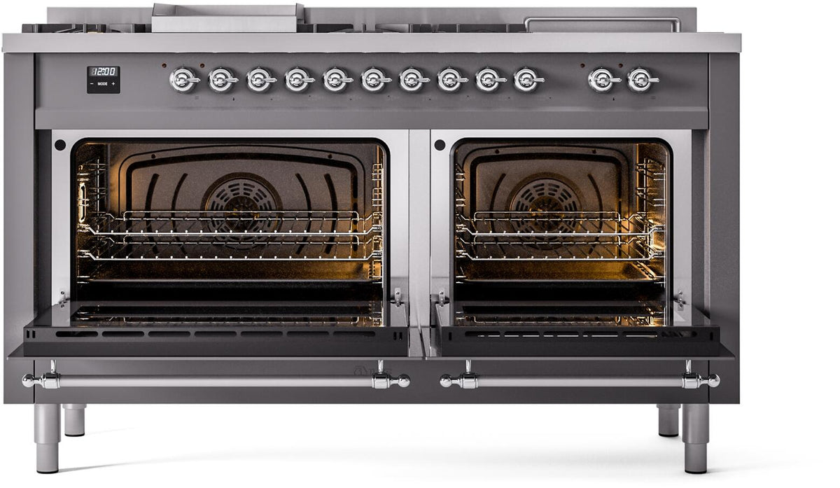 Matte graphite dual-fuel range with French top and dual open ovens, chrome trim