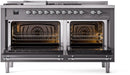 ILVE Nostalgie II 60-Inch Natural Gas Dual Fuel Range with 7 Burners, Griddle, & French Top with Triple Glass Door Oven in Matte Graphite with Chrome Trim (UP60FSNMPMGC)