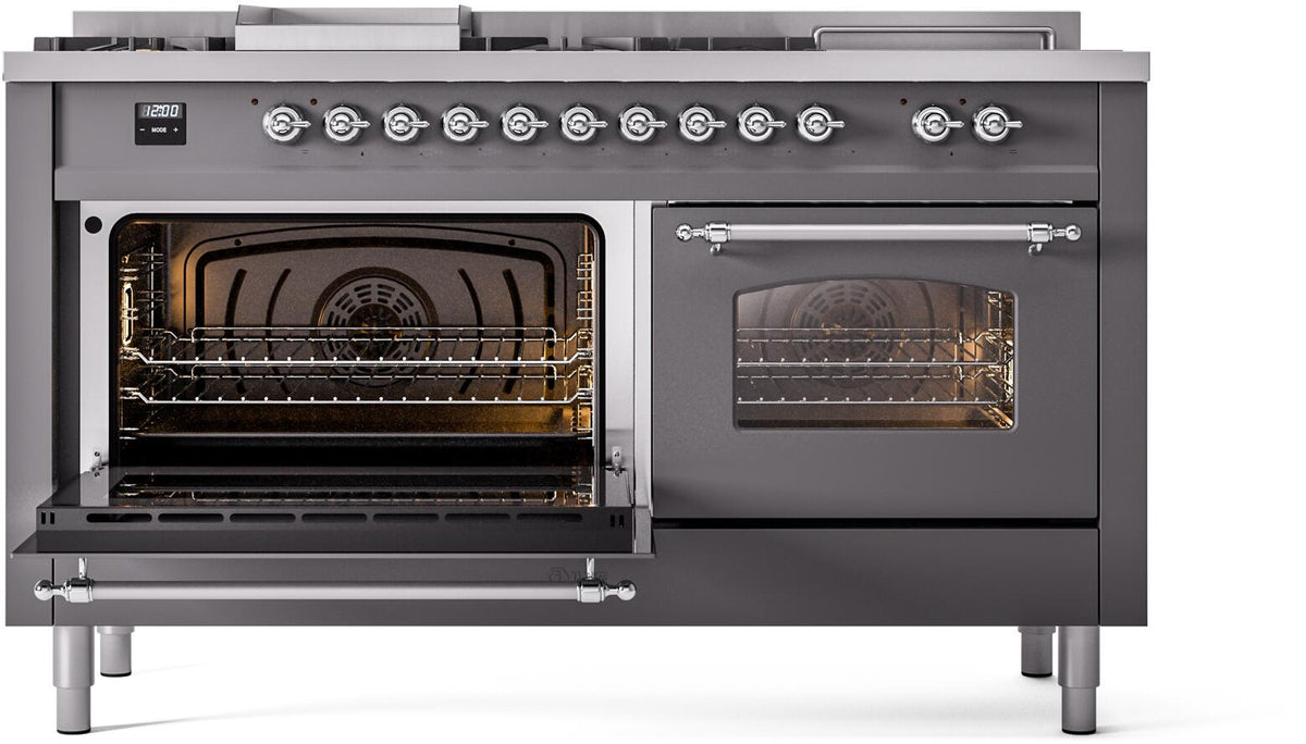 Matte graphite dual-fuel range with two oven doors open, racks visible through glass windows