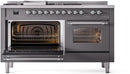 ILVE Nostalgie II 60-Inch Natural Gas Dual Fuel Range with 7 Burners, Griddle, & French Top with Triple Glass Door Oven in Matte Graphite with Chrome Trim (UP60FSNMPMGC)