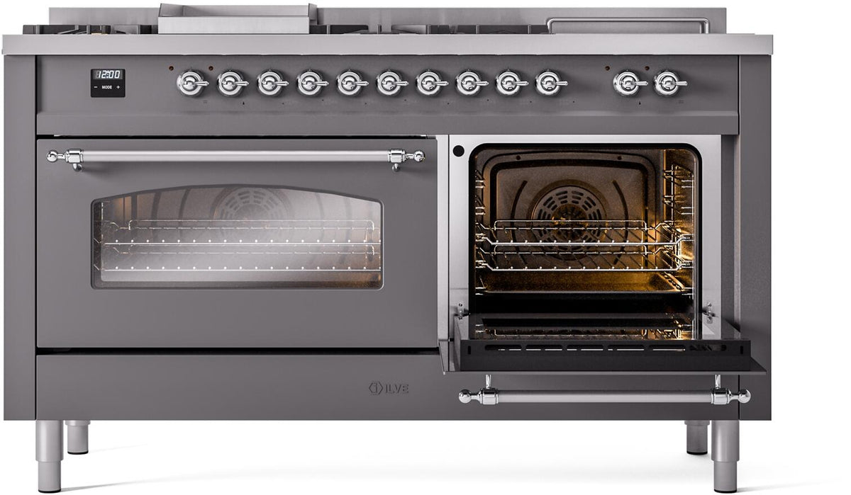 Matte graphite range showing two oven doors open; one oven chamber lit with cooking racks