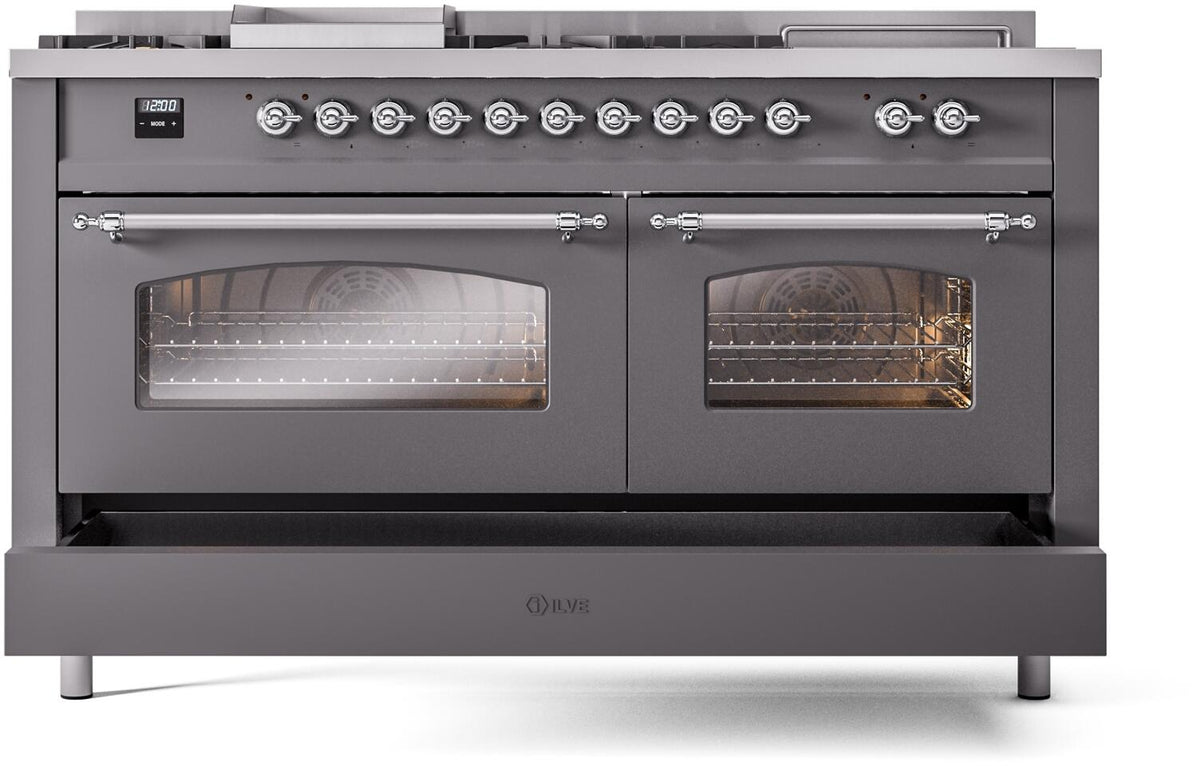 Matte graphite dual-fuel range with two closed oven doors and glass windows over chrome trim