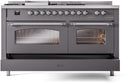 ILVE Nostalgie II 60-Inch Natural Gas Dual Fuel Range with 7 Burners, Griddle, & French Top with Triple Glass Door Oven in Matte Graphite with Chrome Trim (UP60FSNMPMGC)