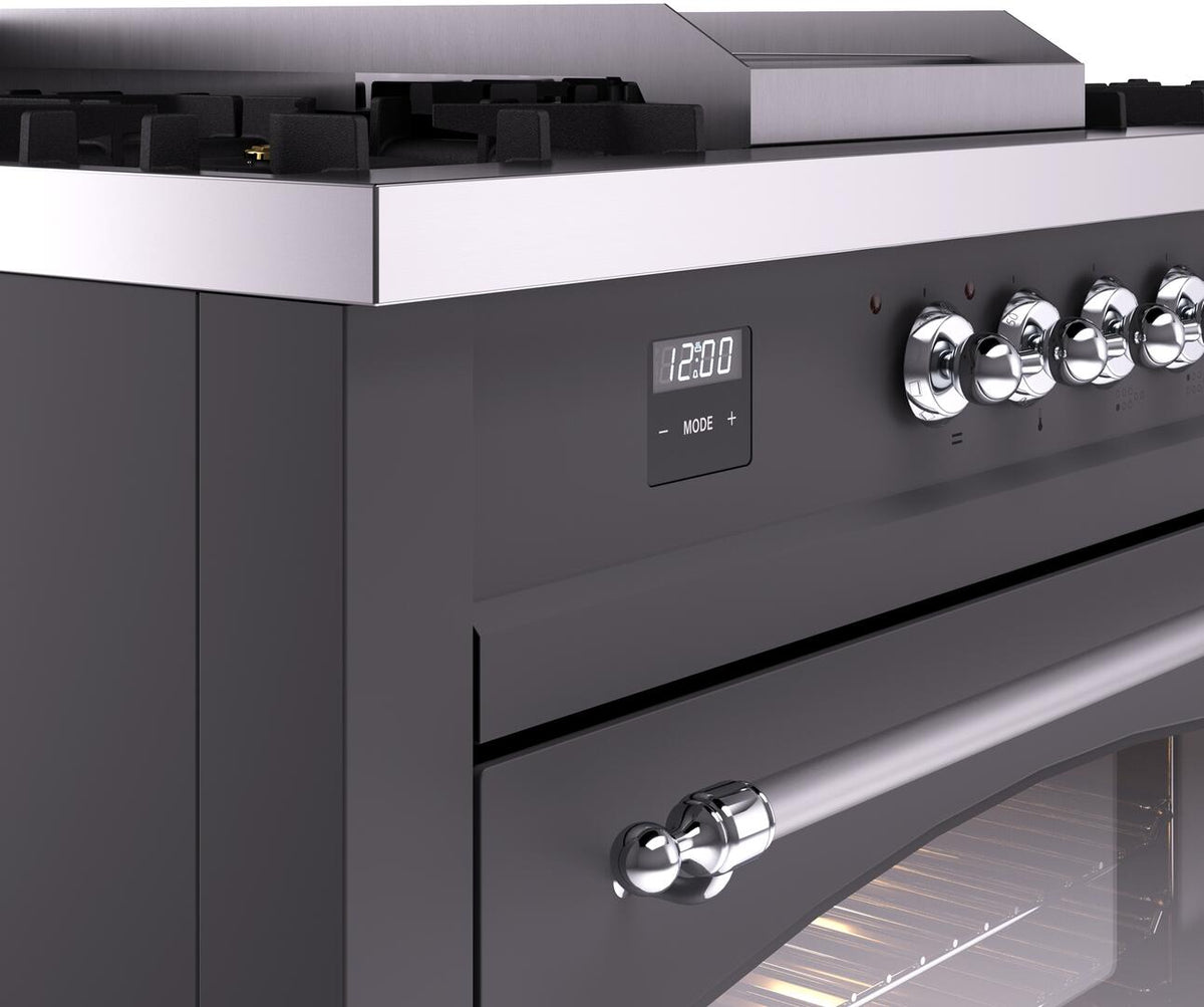 Matte graphite range control panel with knob row and digital display above the oven door