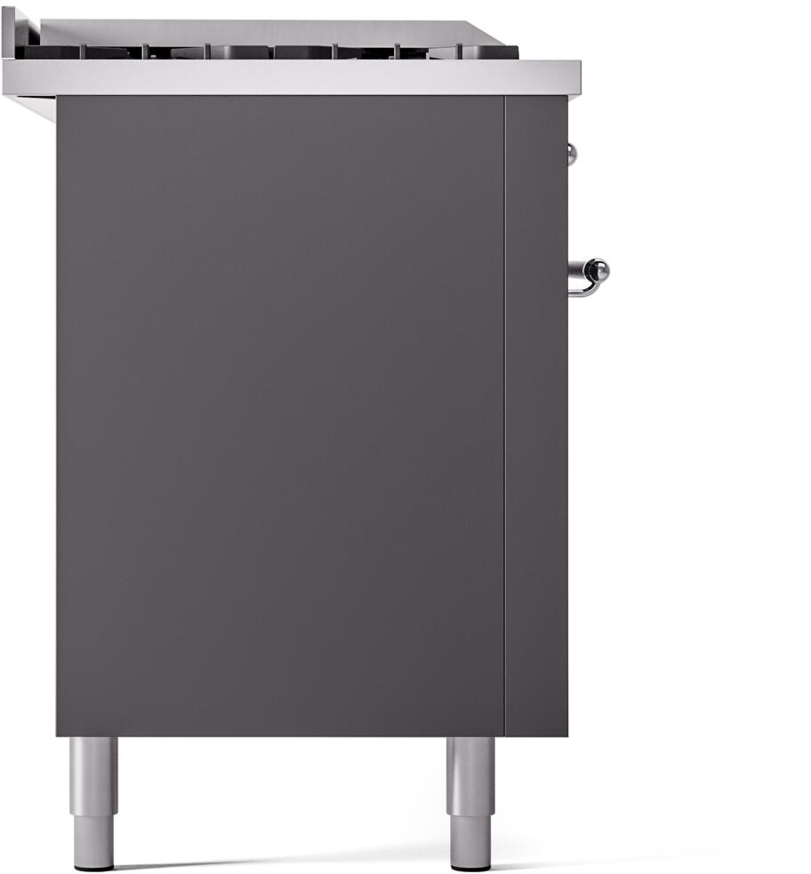 Matte graphite side panel of dual-fuel range with chrome handle and adjustable feet
