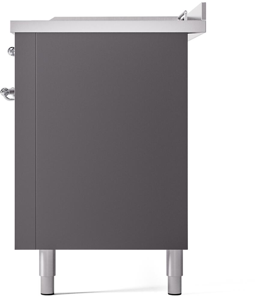 Matte graphite range end panel with chrome knobs and adjustable leveling legs