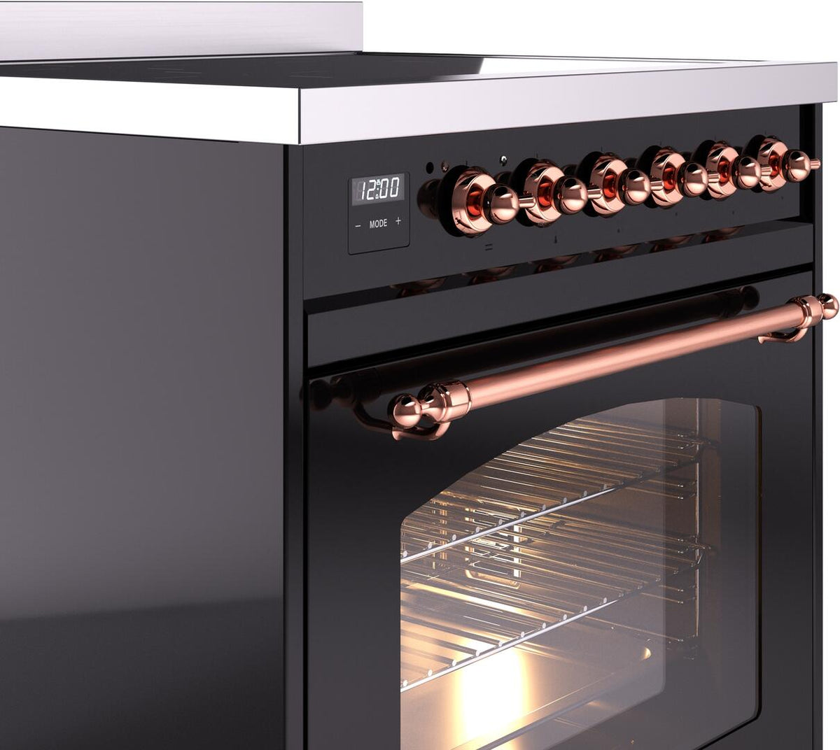 Side view of glossy black induction range with copper control knobs and oven handle