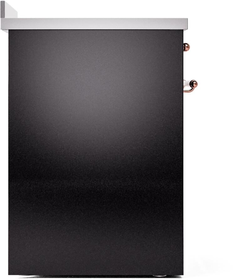 Glossy black freestanding induction range side panel with copper accents near handle