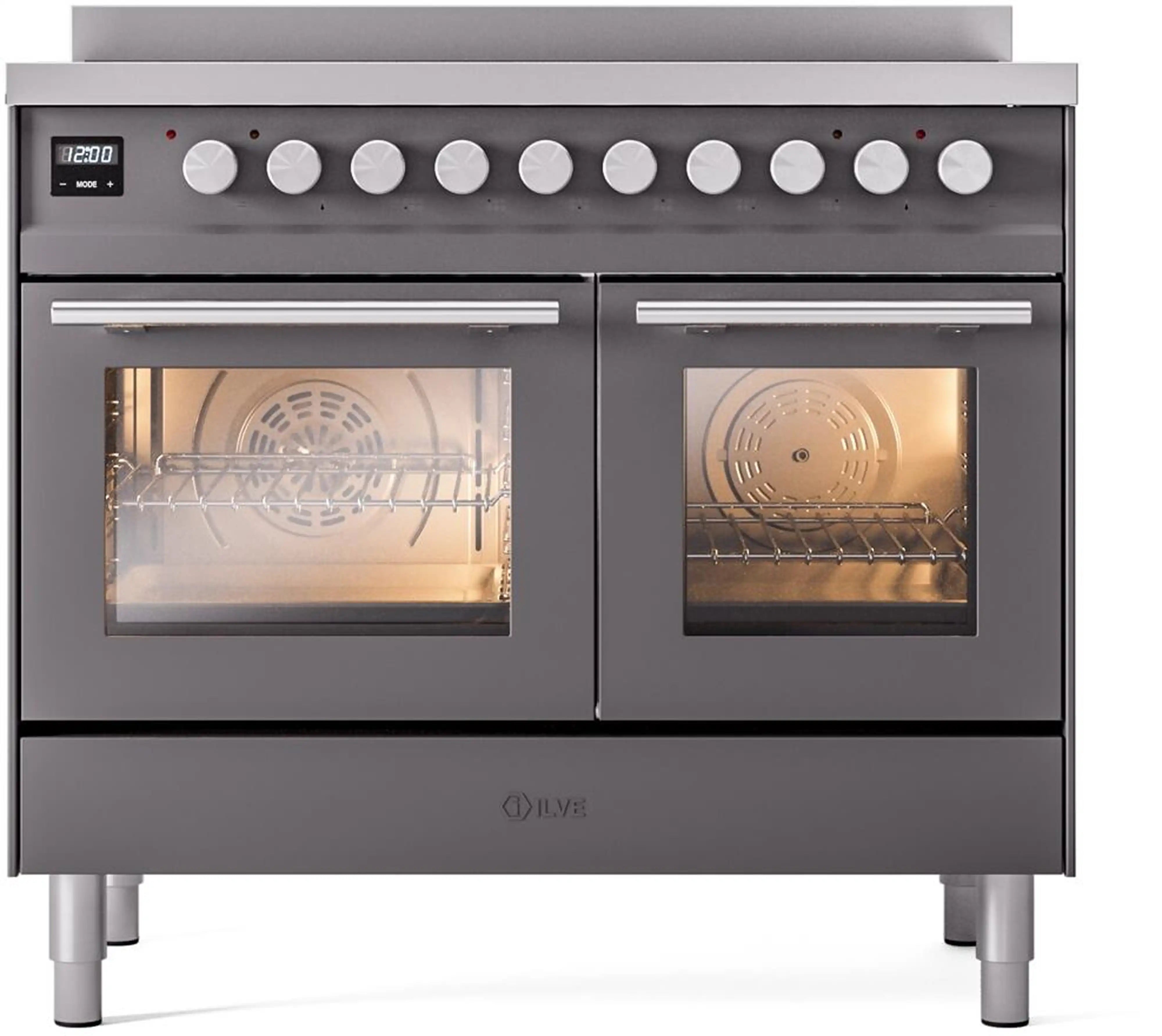 Matte graphite induction range with two oven doors and control knob panel