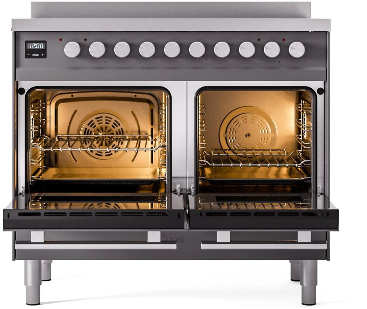 Matte graphite induction range with two open ovens and front control panel
