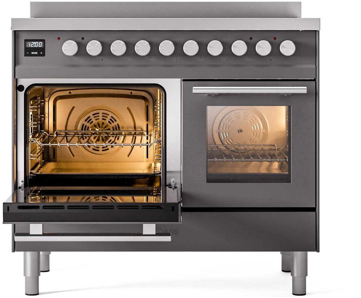 Matte graphite induction range with open oven door and control knobs