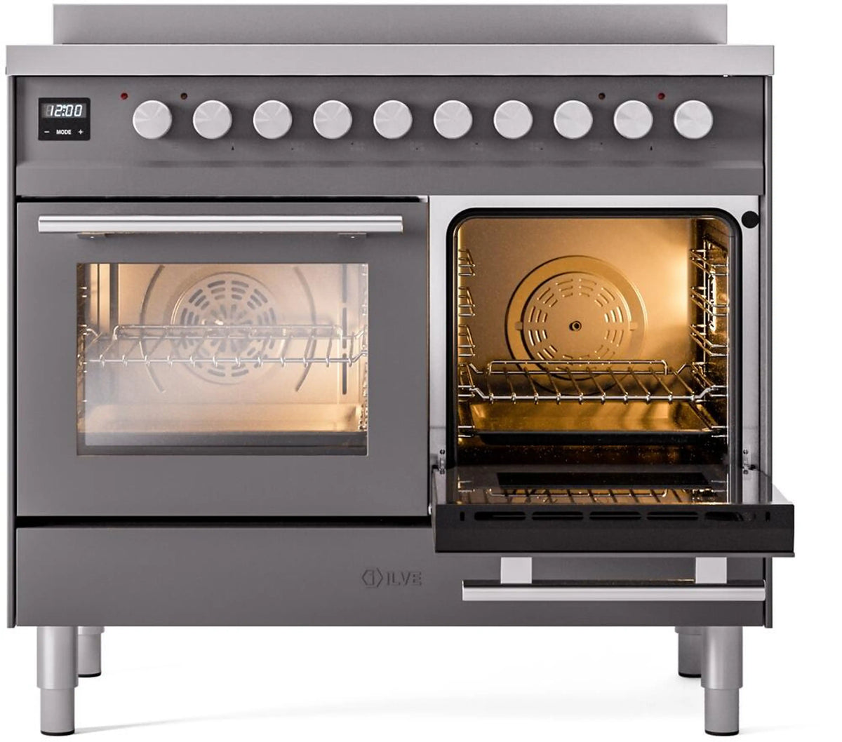 Matte graphite induction range with right oven door open, showing racks