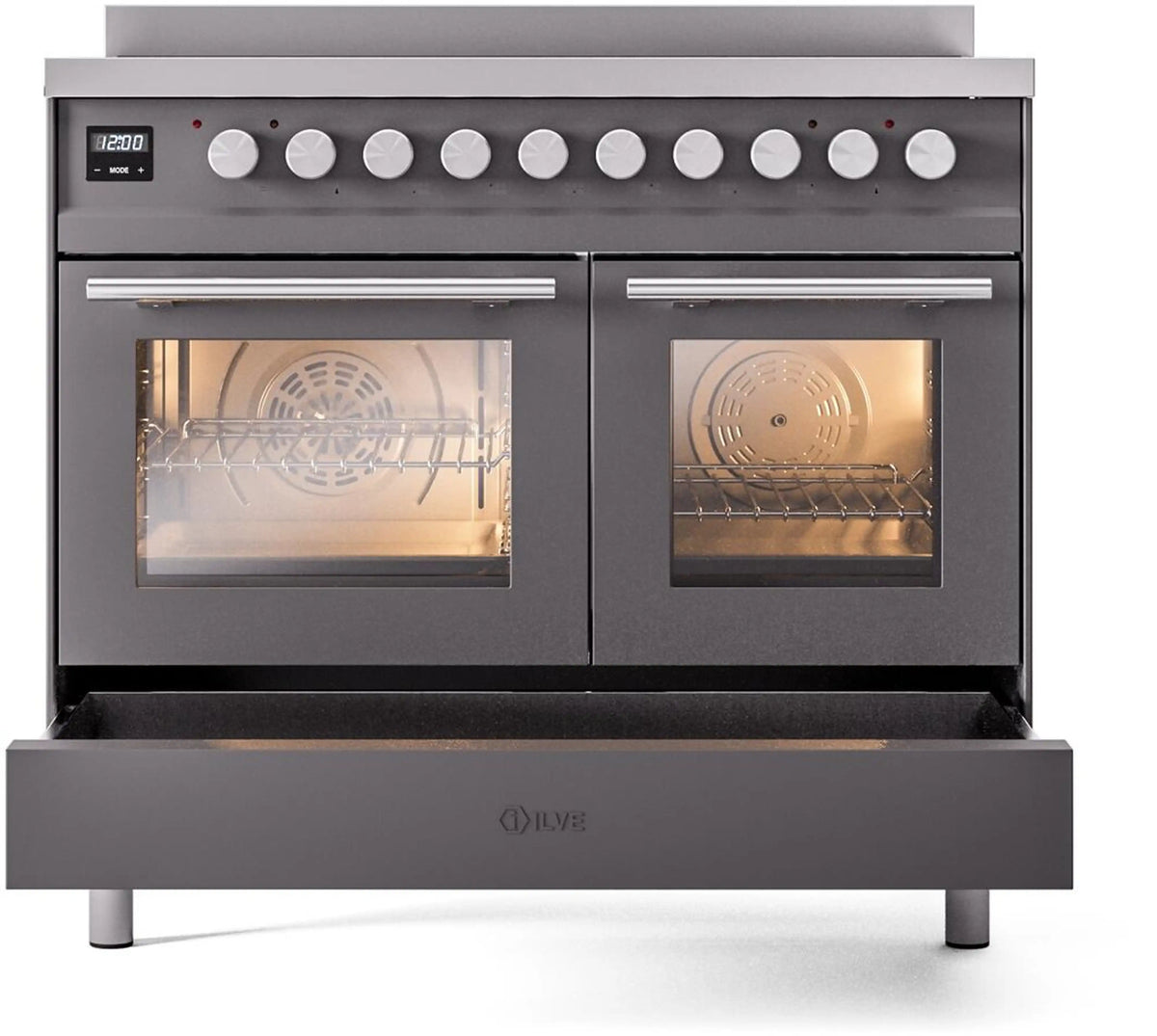 Matte graphite induction range with two oven doors and front control panel