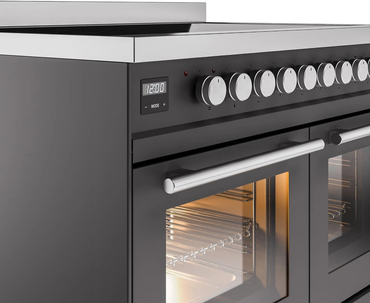 Matte graphite induction range control panel with knobs and oven handle