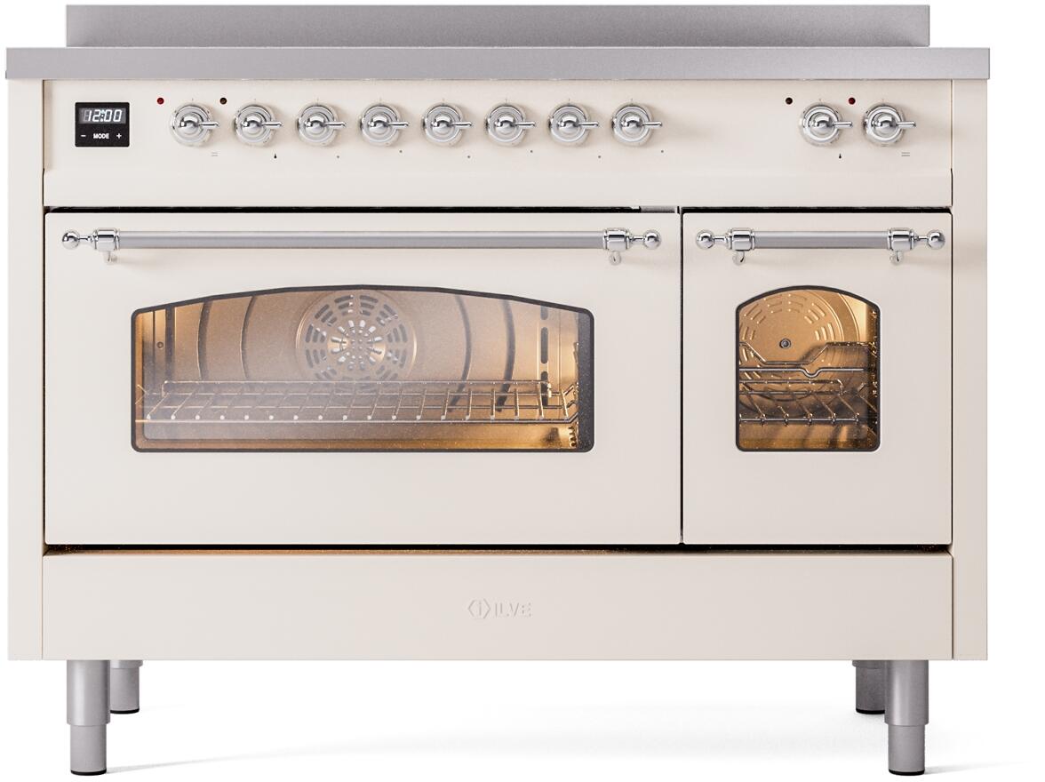 Antique white freestanding electric induction range with oven window and control knobs on backguard