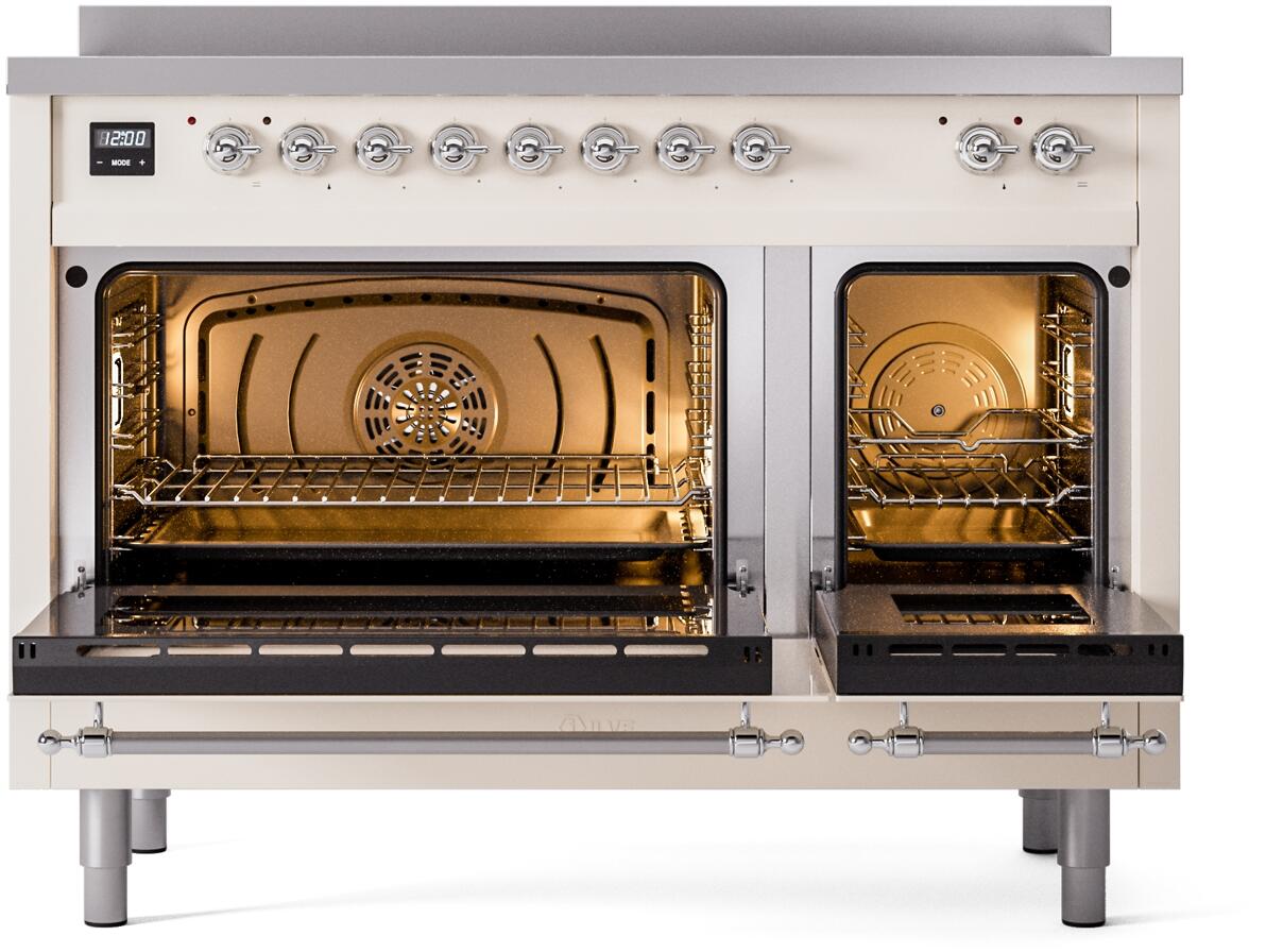 Antique white freestanding induction range with both oven doors open and interior lighting