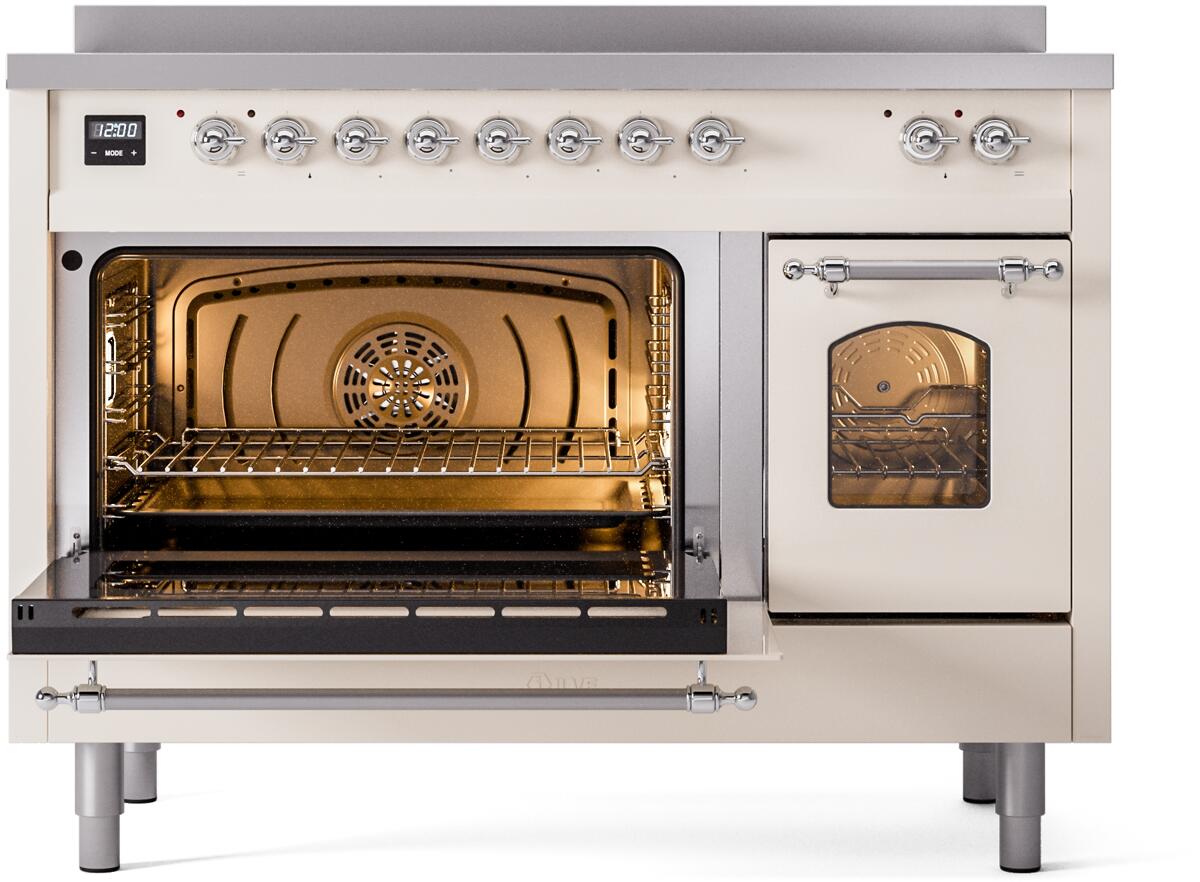 Antique white induction range with left oven open, glass door window on right compartment