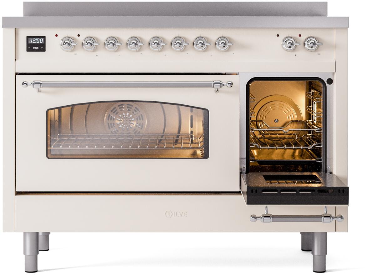 Antique white freestanding induction range with right oven door open and interior rack