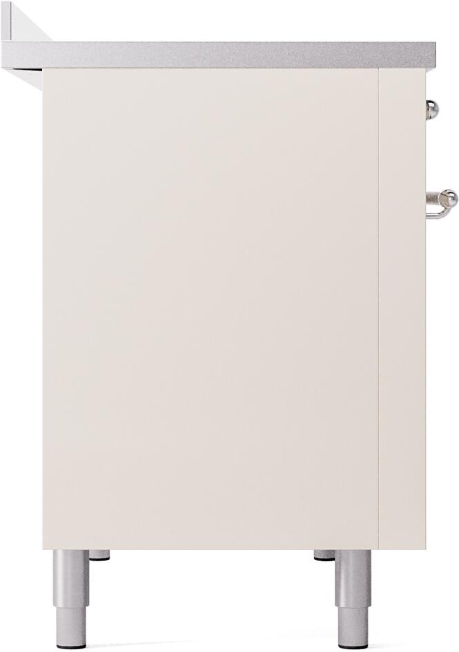 Left side of freestanding induction range cabinet in antique white with leveling feet