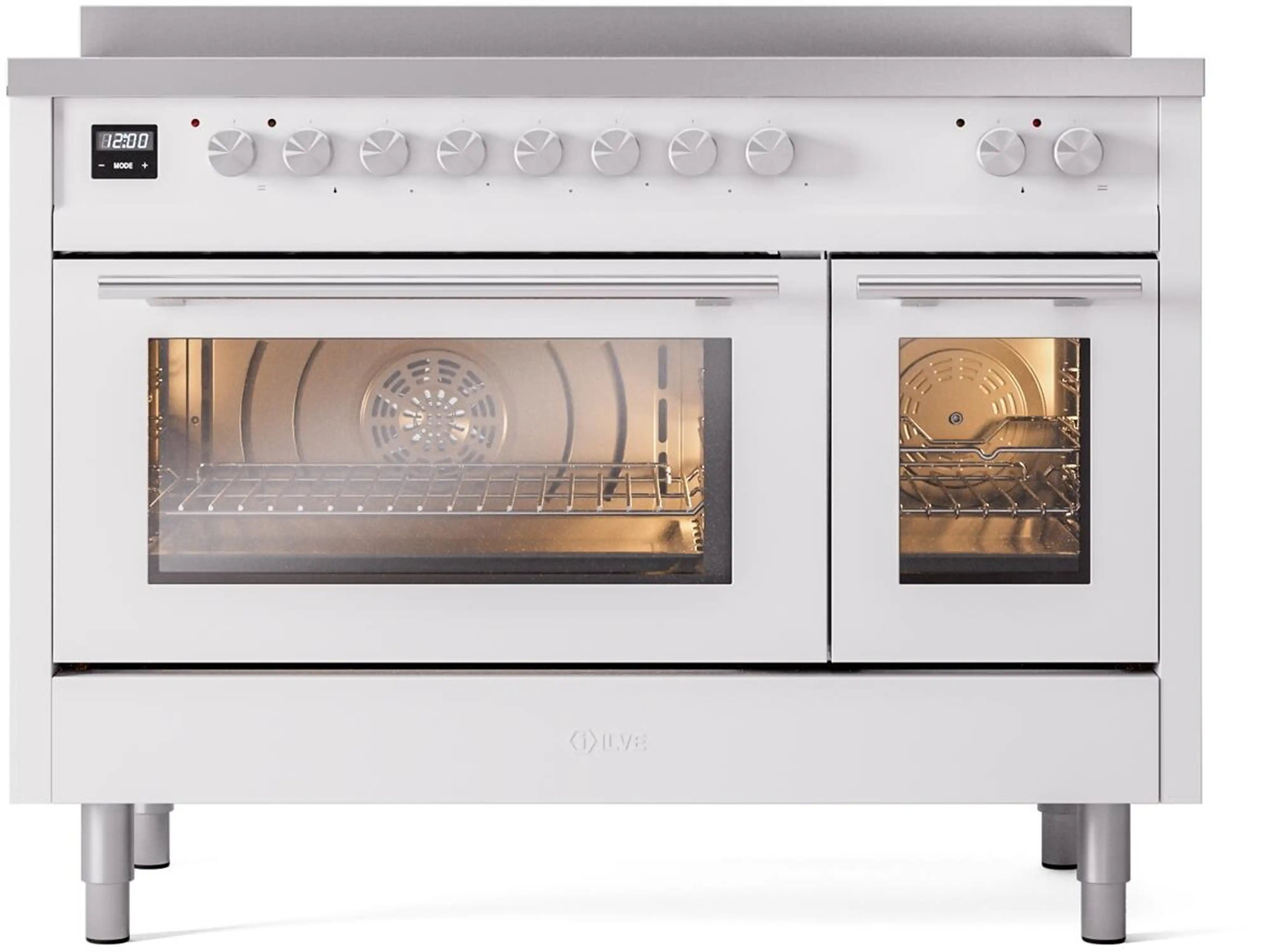 White induction range front view with two oven doors and knob controls along the back panel