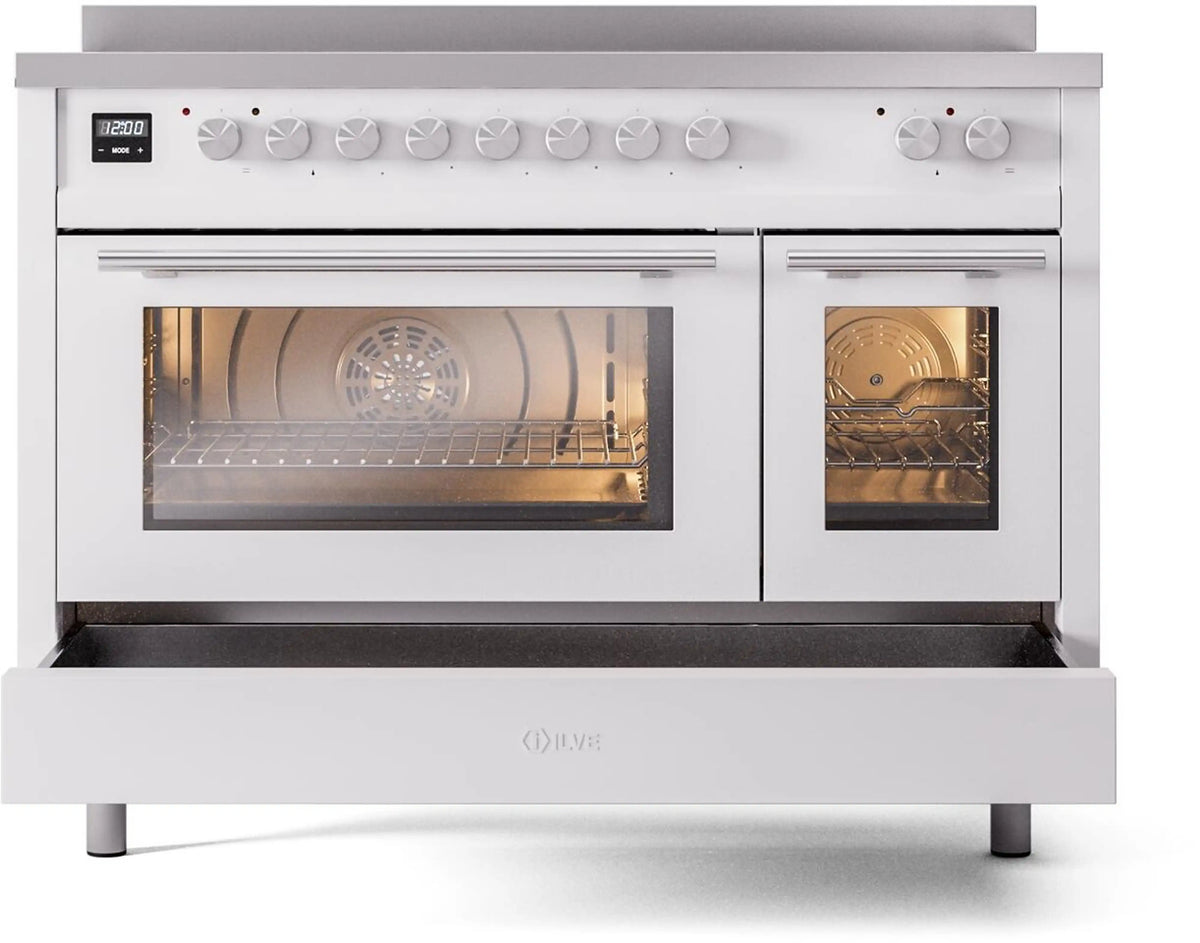 ILVE white induction range with two ovens, control knobs, and digital display