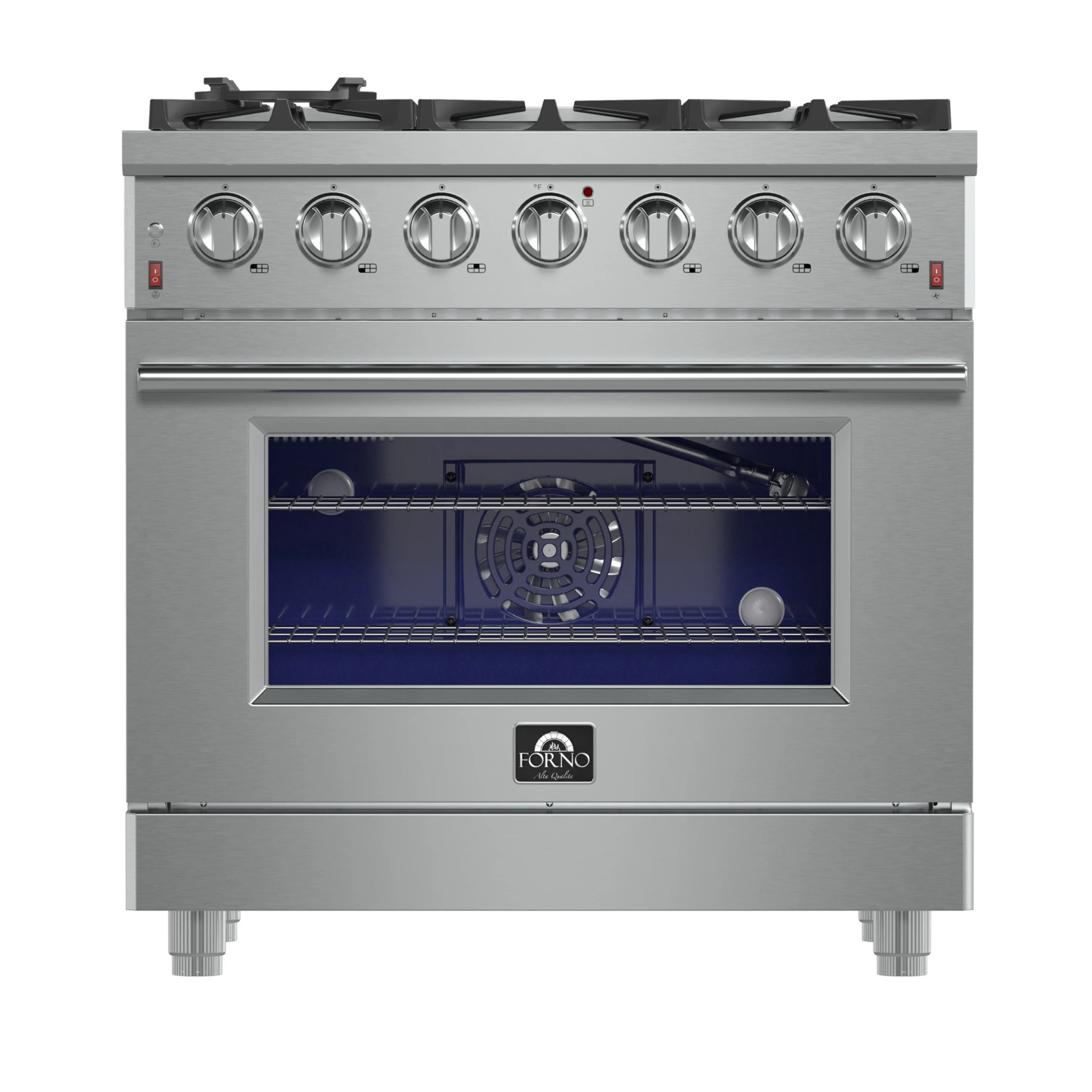 Stainless steel 36-inch gas range with six burners and closed oven door