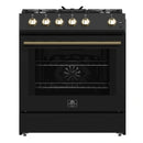 Forno 4-Piece Appliance Package - 30-Inch Espresso Gas Range , Wall Mount Range Hood, 60-Inch Built-In Convertible Refrigerator, and Dishwasher in Black with Antique Brass Handle
